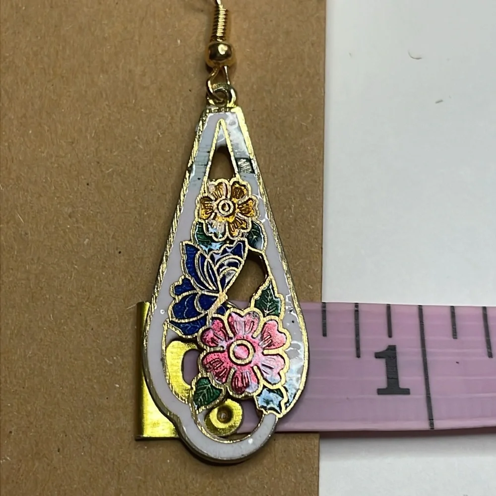 White Gold Tone Floral Cut Out Cloisonné Enamel Dangle Earrings (CPD45) - Picture 7 of 7